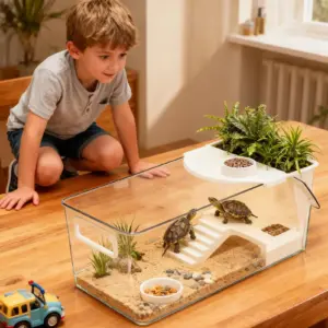 Grand terrarium pour tortue avec plage et zone d'eau claire